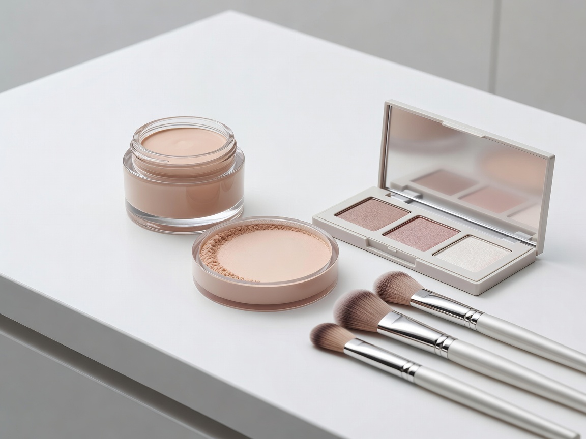 Editorial beauty still life with soft makeup textures and laboratory clean aesthetic