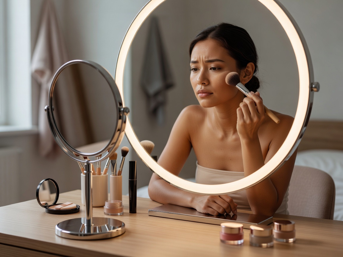 Person applying makeup carefully
